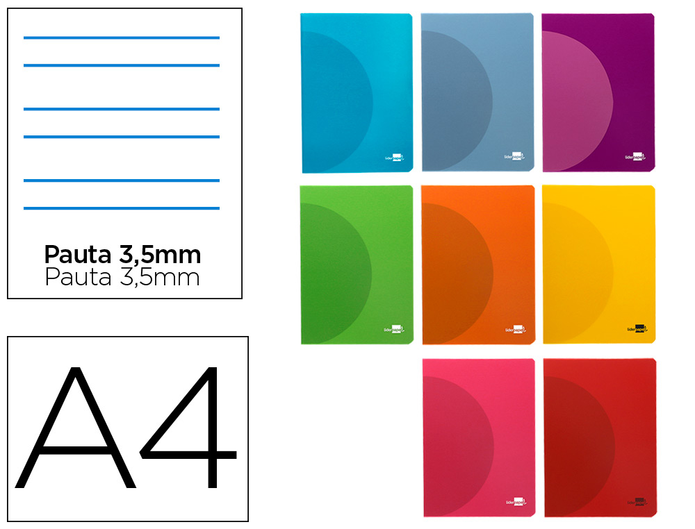 LIBRETA LIDERPAPEL 360 TAPA DE PLASTICO A4 48 HOJAS 90G/M2 PAUTA 4 3,5MM CON MARGEN COLORES SURTIDOS