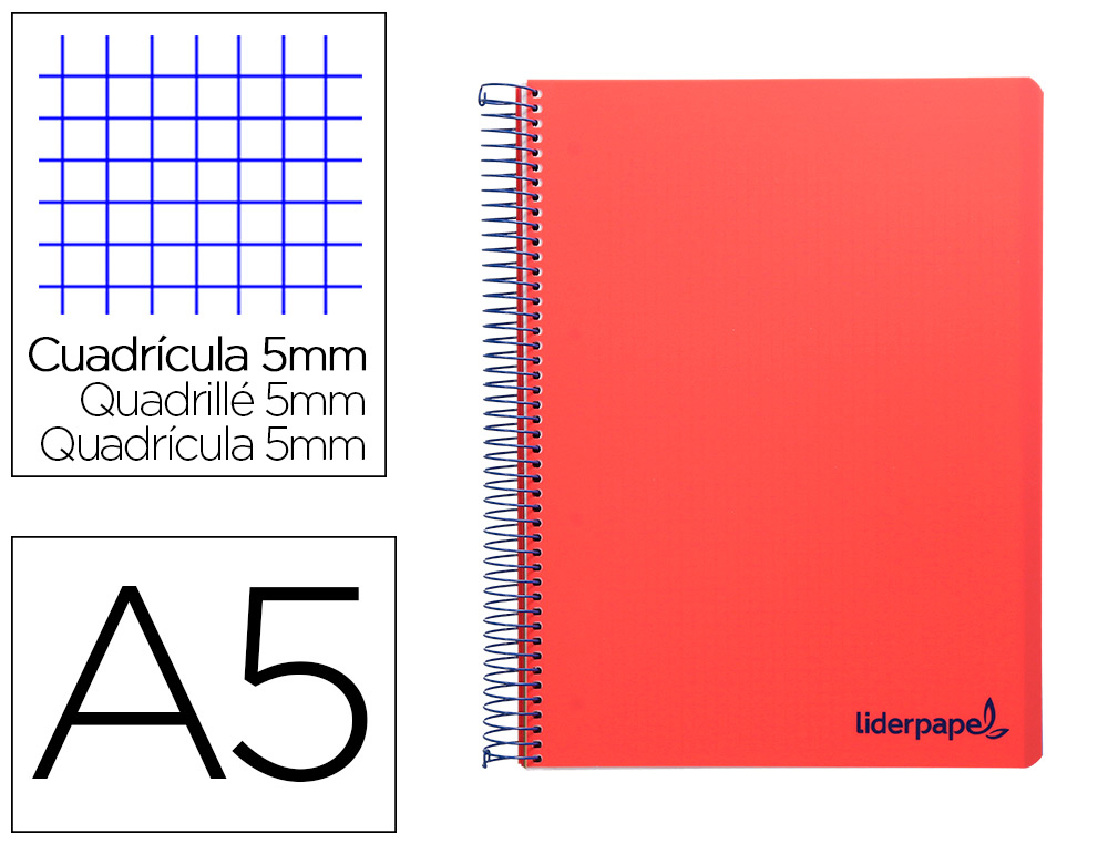 CUADERNO ESPIRAL LIDERPAPEL A5 MICRO WONDER TAPA PLASTICO 120H 90GR CUADRO 5MM 5 BANDAS 6 TALADROS COLOR ROJO