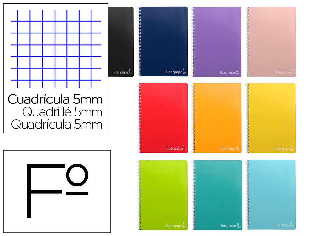 CUADERNO ESPIRAL LIDERPAPEL FOLIO WITTY TAPA DURA 80H 75GR CUADRO 5MM CON MARGEN COLORES SURTIDOS