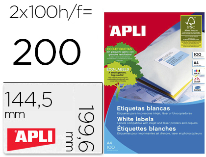 ETIQUETA ADHESIVA APLI 2423 TAMAO 199,6X144,5 MM FOTOCOPIADORA LASER INK-JET CAJA CON 100 HOJAS DIN A4