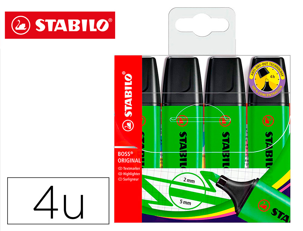 ROTULADOR STABILO BOSS FLUORESCENTE 70 VERDE ESTUCHE DE 4 UNIDADES