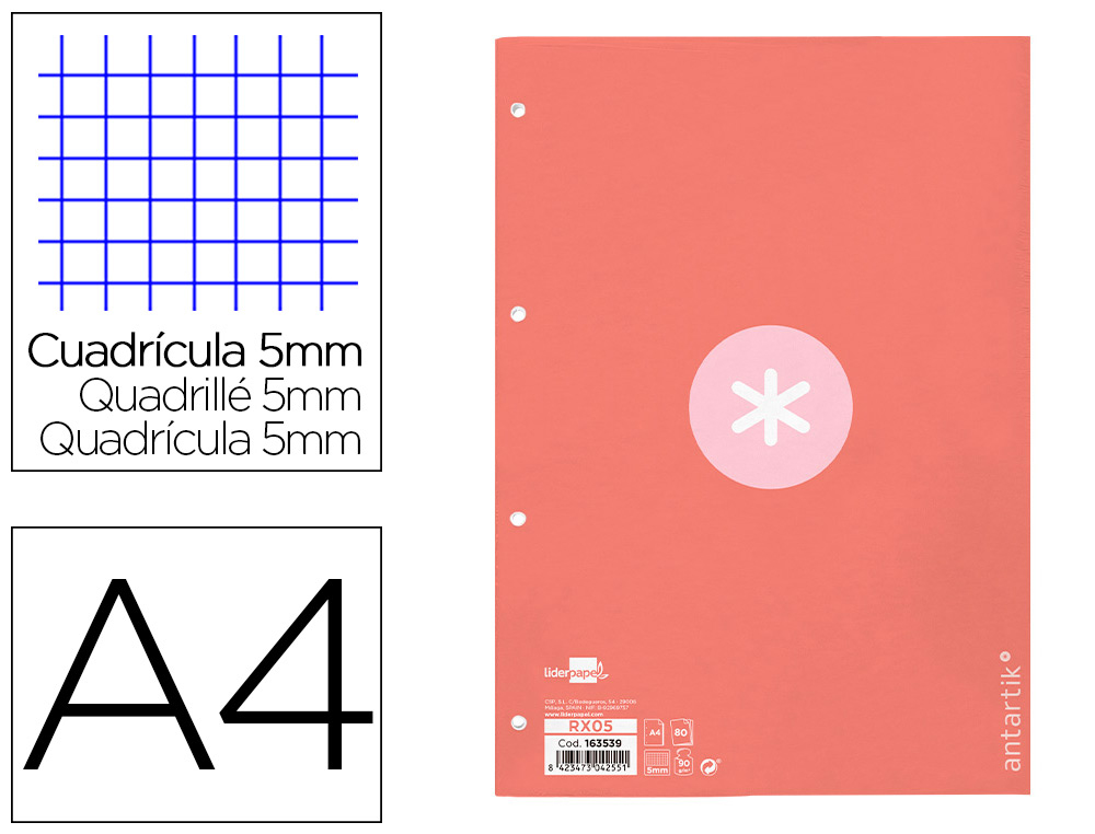 RECAMBIO ANTARTIK A4 80 HOJAS 90GR CUADRO 5 MM 4 TALADROS 1 BANDA MARCO COLOR ROSA