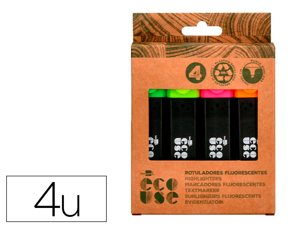 ROTULADOR LIDERPAPEL ECOUSE FLUORESCENTE FABRICADO CON 68% PLASTICO RECICLADO CAJA DE 4 UNIDADES COLORES SURTIDOS
