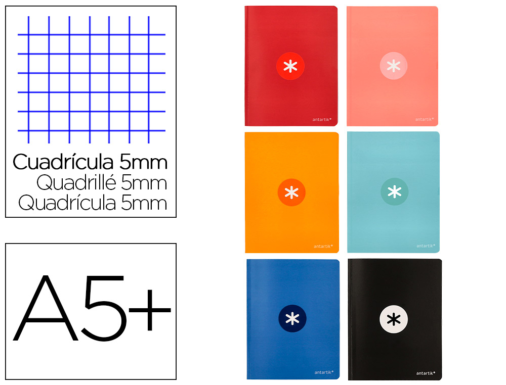 LIBRETA ANTARTIK A5+ PLUS COSIDA 48 HOJAS 90GR CUADRO 5MM CON MARGEN 6 COLORES SURTIDOS