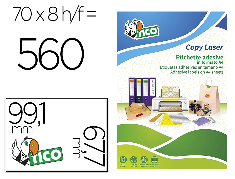 ETIQUETA ADHESIVA TICO VERDE F LUORESCENTES PERMANENTE FSC LASER/INKJET/FOTOCOPIA 99,1X67,7 MMCAJA DE 560 UNIDADES