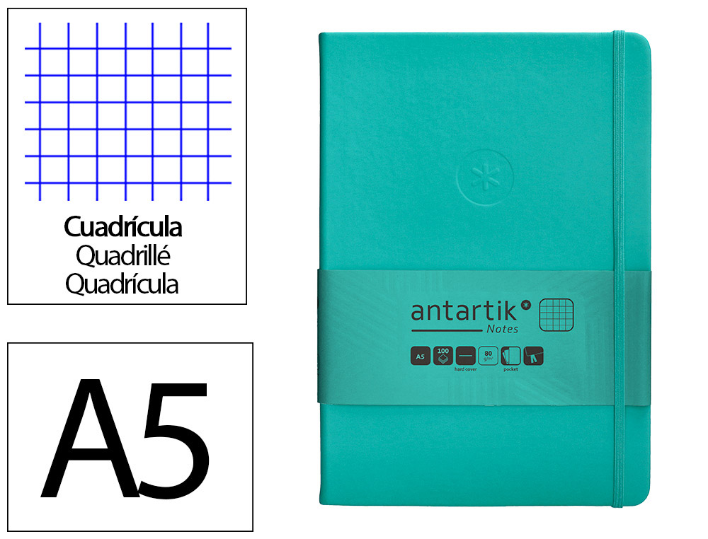 CUADERNO CON GOMILLA ANTARTIK NOTES TAPA DURA A5 HOJAS CUADRICULA TURQUESA 100 HOJAS 80 GR FSC