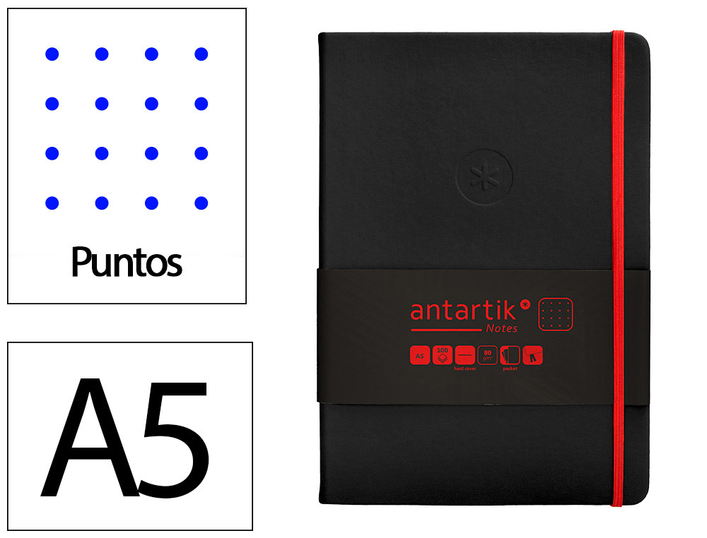 CUADERNO CON GOMILLA ANTARTIK NOTES TAPA DURA A5 HOJAS PUNTOS NEGRO Y ROJO 100 HOJAS 80 GR FSC