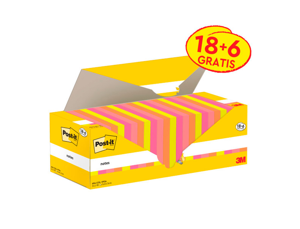 BLOC DE NOTAS ADHESIVAS QUITA Y PON POST-IT COLORES SURTIDOS 76X76 MM CON 100 HOJAS PACK DE 18+6 UNIDADES