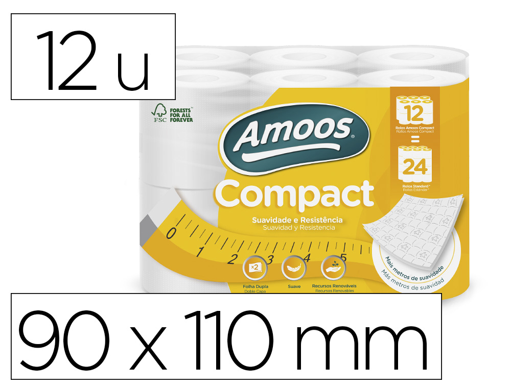 PAPEL HIGIENICO AMOOS 2 CAPAS 110 MM DIAMETRO X 90 MM ALTO 30 GR/M2 PAQUETE DE 12 ROLLOS