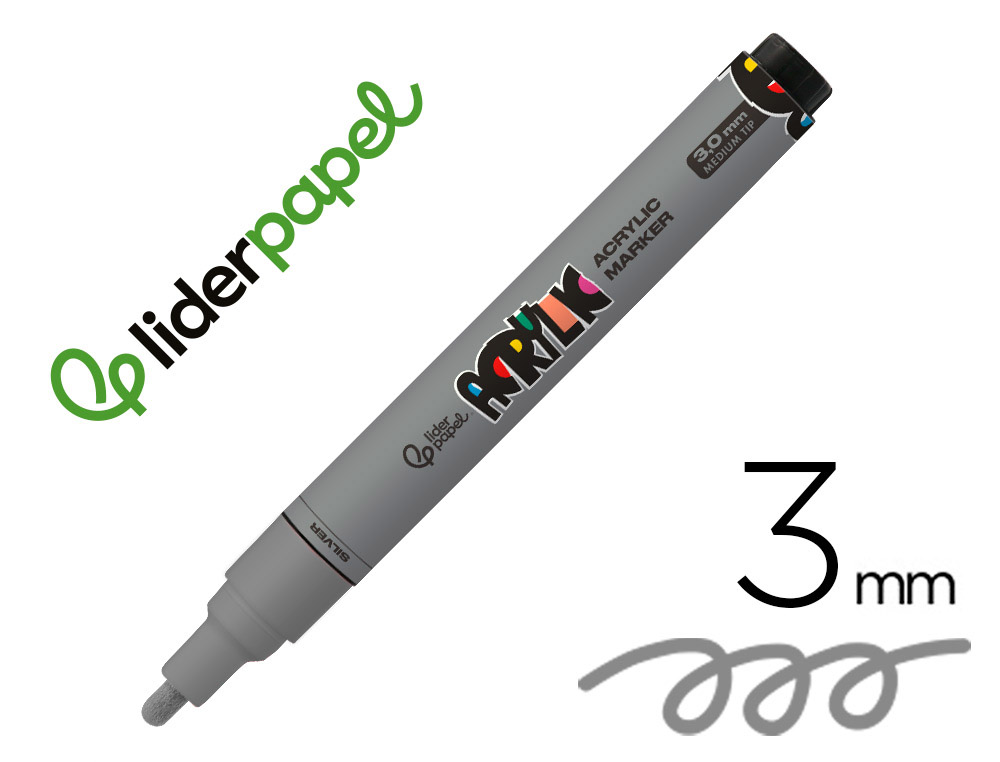 ROTULADOR LIDERPAPEL ACRYLIC BASE AGUA TODO TIPO DE SUPERFICIE PUNTA REDONDA 3 MM PLATA