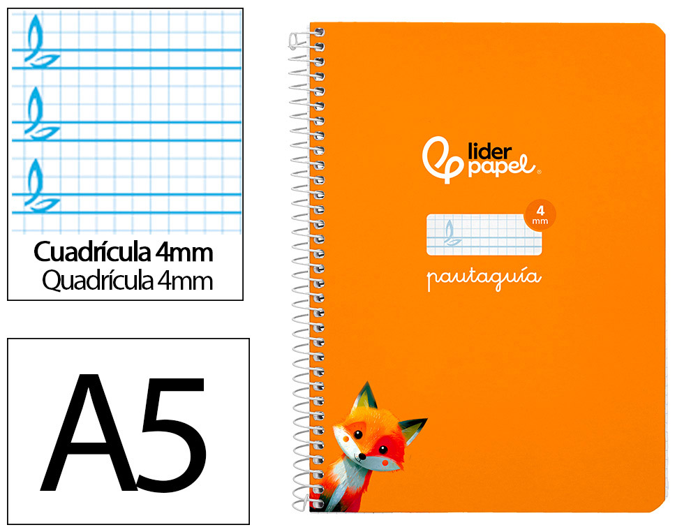 CUADERNO ESPIRAL LIDERPAPEL A5 PAUTAGUIA TAPA DURA 80H 90GR CUADRO PAUTADO 4MM COLOR NARANJA