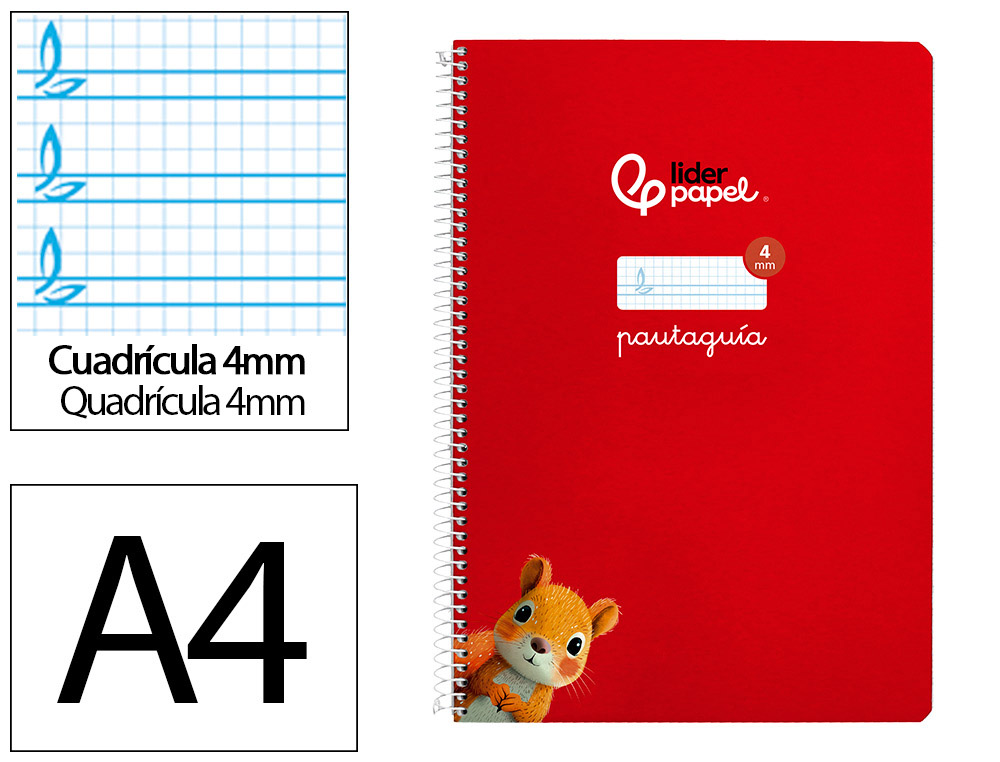 CUADERNO ESPIRAL LIDERPAPEL A4 PAUTAGUIA TAPA DURA 80H 90GR CUADRO PAUTADO 4MM COLOR ROJO