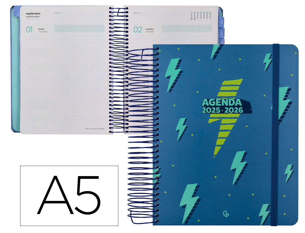 AGENDA ESCOLAR LIDERPAPEL 25-26 ESPIRAL PATTERNS RAYOS AZUL DIA PAGINA A5 BILINGÜE PAPEL FSC 80 GR