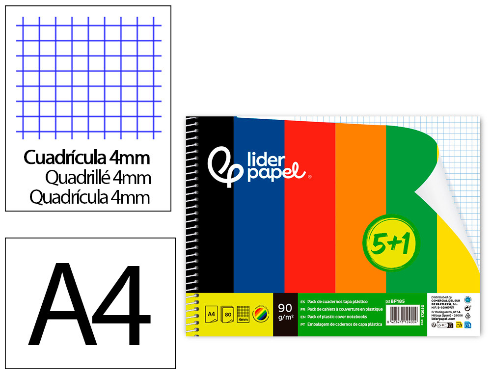 CUADERNO ESPIRAL LIDERPAPEL DIN A4 TAPA POLIPROPILENO 80H 90GR CUADRO 4MM CON MARGEN PACK 5+1 COLORES SURTIDOS