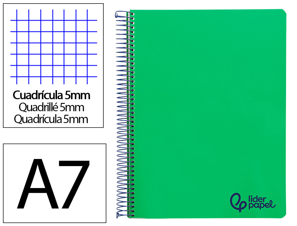 CUADERNO ESPIRAL LIDERPAPEL A7 MICRO WONDER TAPA PLASTICO 100H 90GR CUADRO 5MM 4 BANDAS COLOR VERDE OSCURO