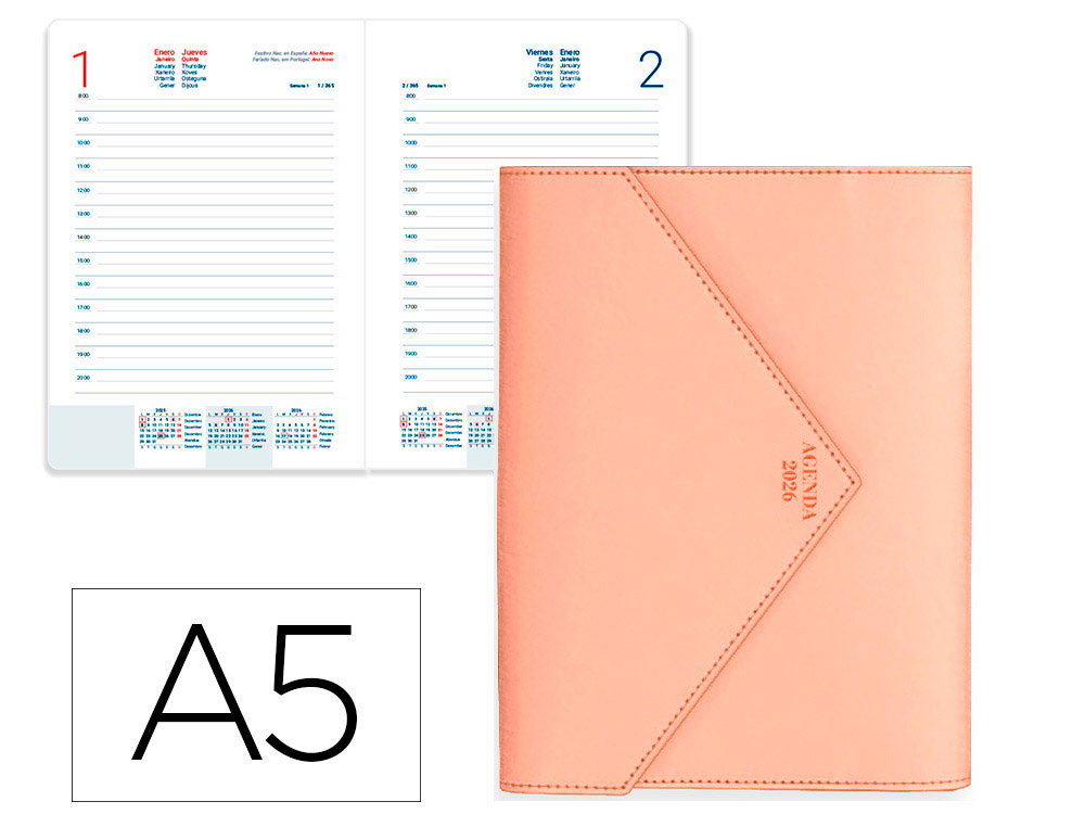 AGENDA ENCUADERNADA LIDERPAPEL PSARA A5 2026 DIA PAGINA ROSA NUDE PAPEL 70 FSC