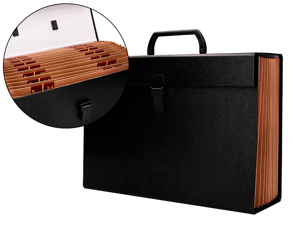 MALETIN LIDERPAPEL CON FUELLE Y ASA CARTON FORRADO 19 DEPARTAMENTOS 255X390X120 MM COLOR NEGRO