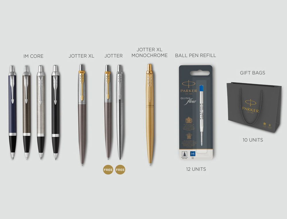 LOTE PARKER NAVIDAD 2025 CONTENIDO 4 PARKER IM CORE+2 JOTTER XL+12 RECAMBIOS+REGALO:2 JOTTER CORE REGALO+10 BOLSAS