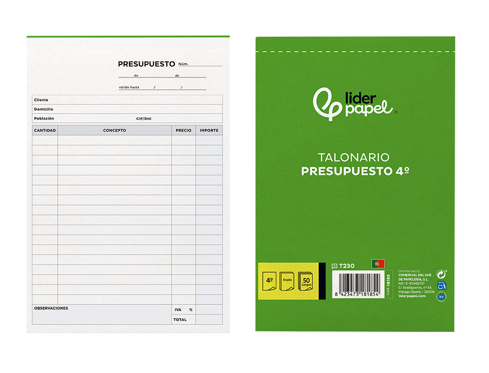 TALONARIO LIDERPAPEL PRESUPUESTO CUARTO ORIGINAL Y COPIA T230