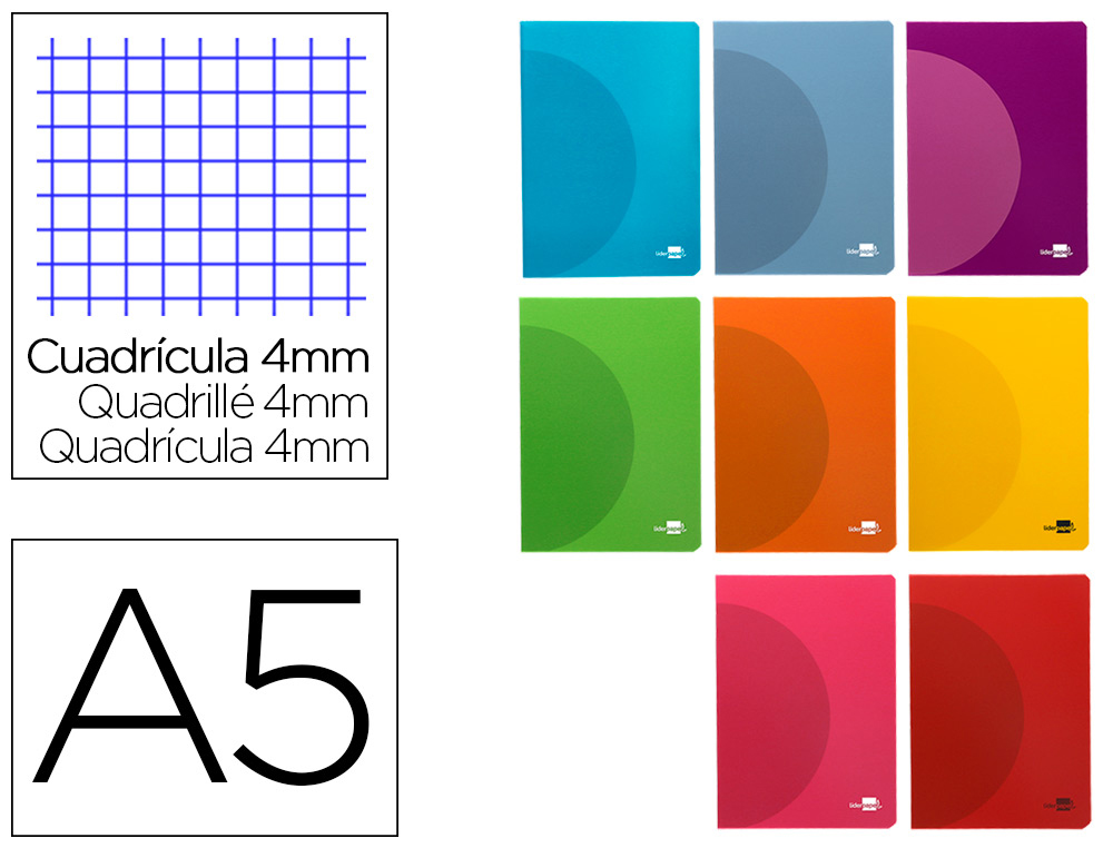 LIBRETA LIDERPAPEL 360 TAPA DE PLASTICO A5 48 HOJAS 90GR CUADRO 4MM CON MARGEN COLORES SURTIDOS