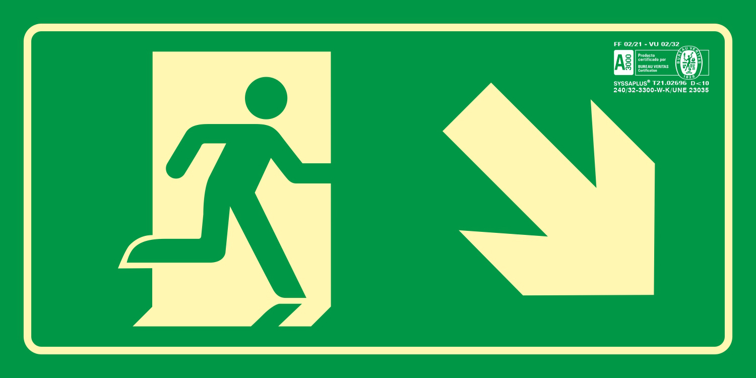PICTOGRAMA SYSSA SEÑAL DE SALIDA EMERGENCIA DERECHA BAJANDO EN PVC FOTOLUMINISCENTE 320X160 MM