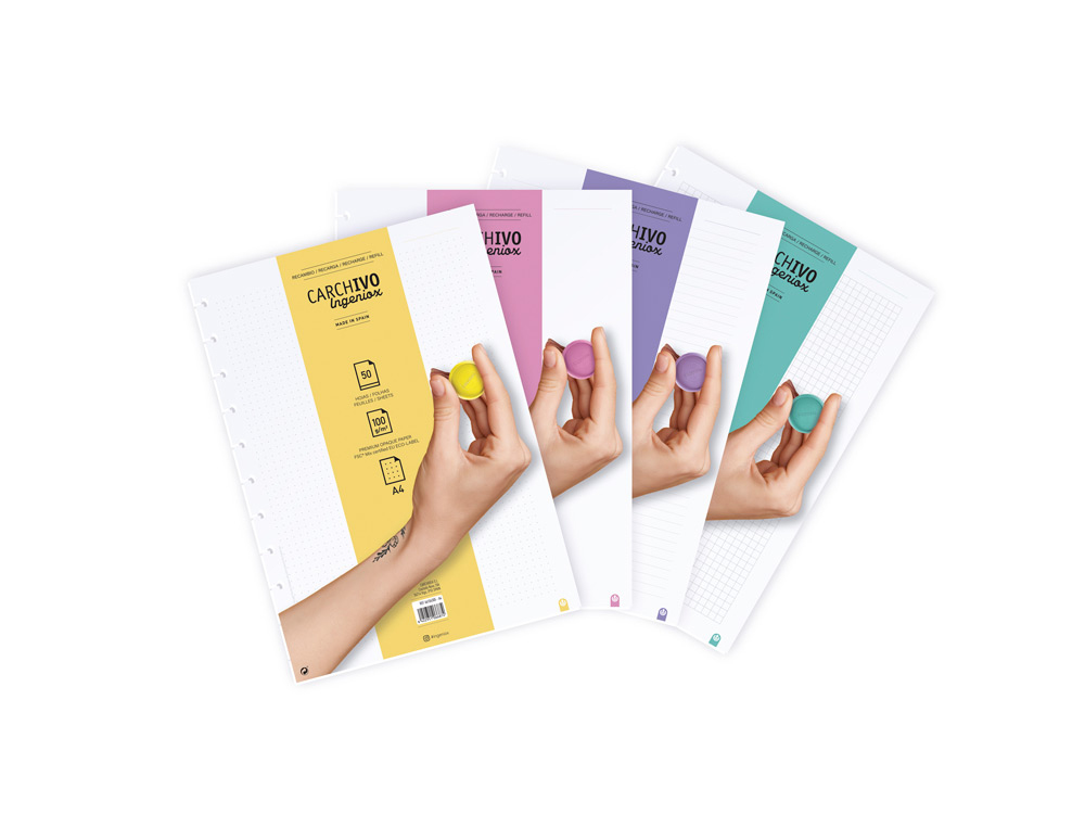 RECAMBIO CARCHIVO INGENIOX A4 PACK DE 10 UNIDADES RAYADOS SURTIDOS 2X PUNTOS / 2X LISO / 3X CUADRICULA / 3X
