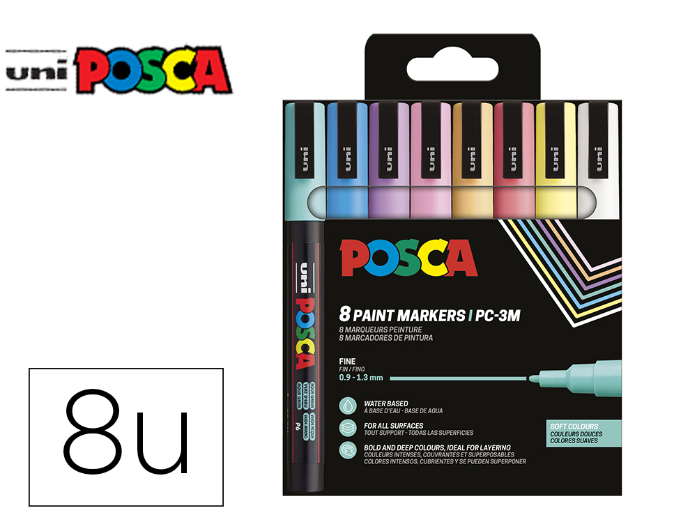 ROTULADOR UNI POSCA PC-3M/8C MARCADOR DE PINTURA PUNTA CONICA 0,9-1,3 MM ESTUCHE DE 8UNIDADES COLORES SUAVES