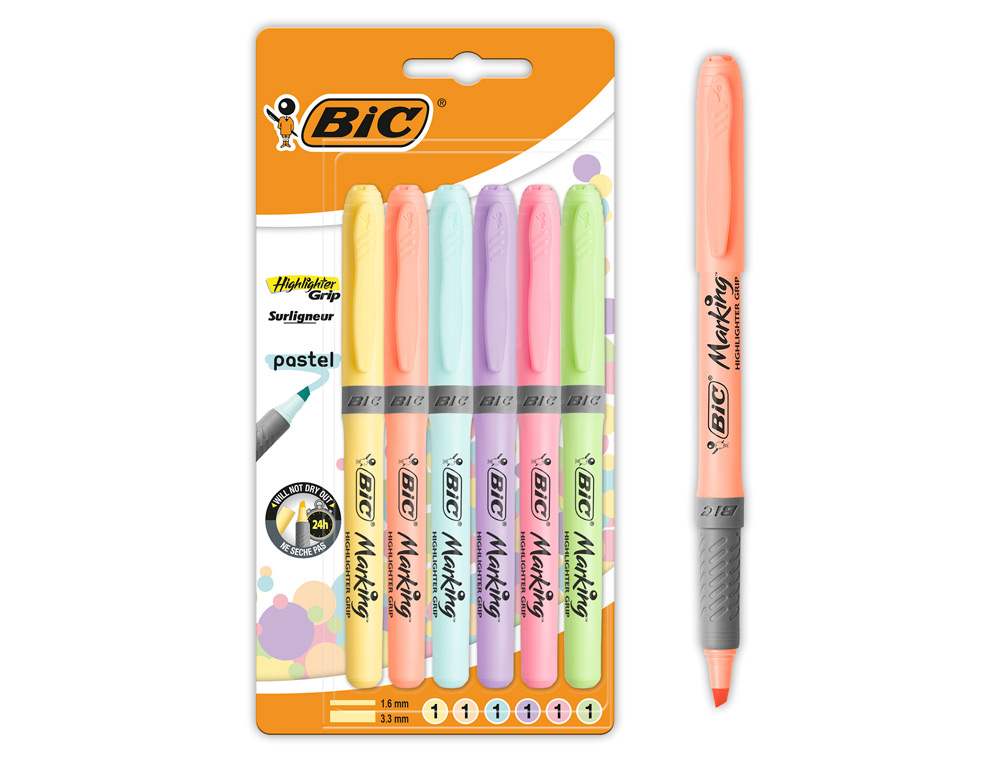 ROTULADOR BIC FLUORESCENTE HIGHLIGHTER GRIP PASTEL BLISTER DE 6 UNIDADES COLORES SURTIDOS