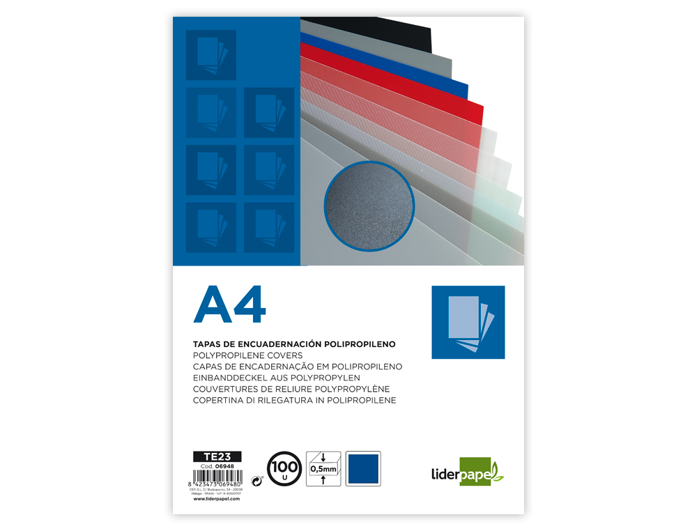 TAPA ENCUADERNACION LIDERPAPEL POLIPROPILENO A4 0.5MM AZUL OPACO PAQUETE DE 100 UNIDADES