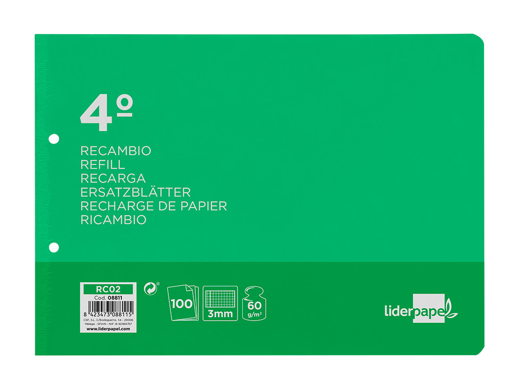 RECAMBIO LIDERPAPEL CUARTO APAISADO 100 HOJAS 60GR CUADRO 3 MM 2 TALADROS CON MARGEN