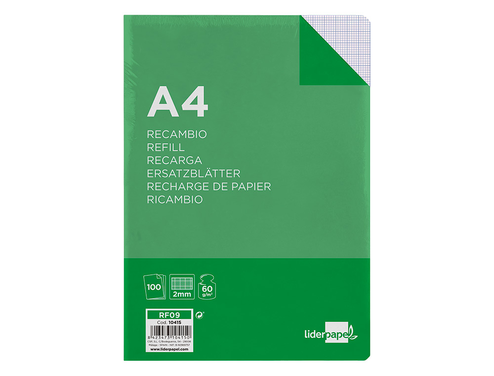 RECAMBIO LIDERPAPEL A4 100 HOJAS 60GR MILIMETRADO SIN MARGEN 4 TALADROS