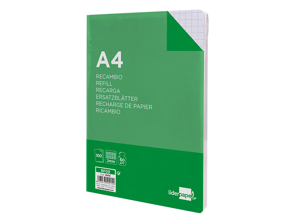 RECAMBIO LIDERPAPEL A4 100 HOJAS 60GR MILIMETRADO SIN MARGEN 4 TALADROS