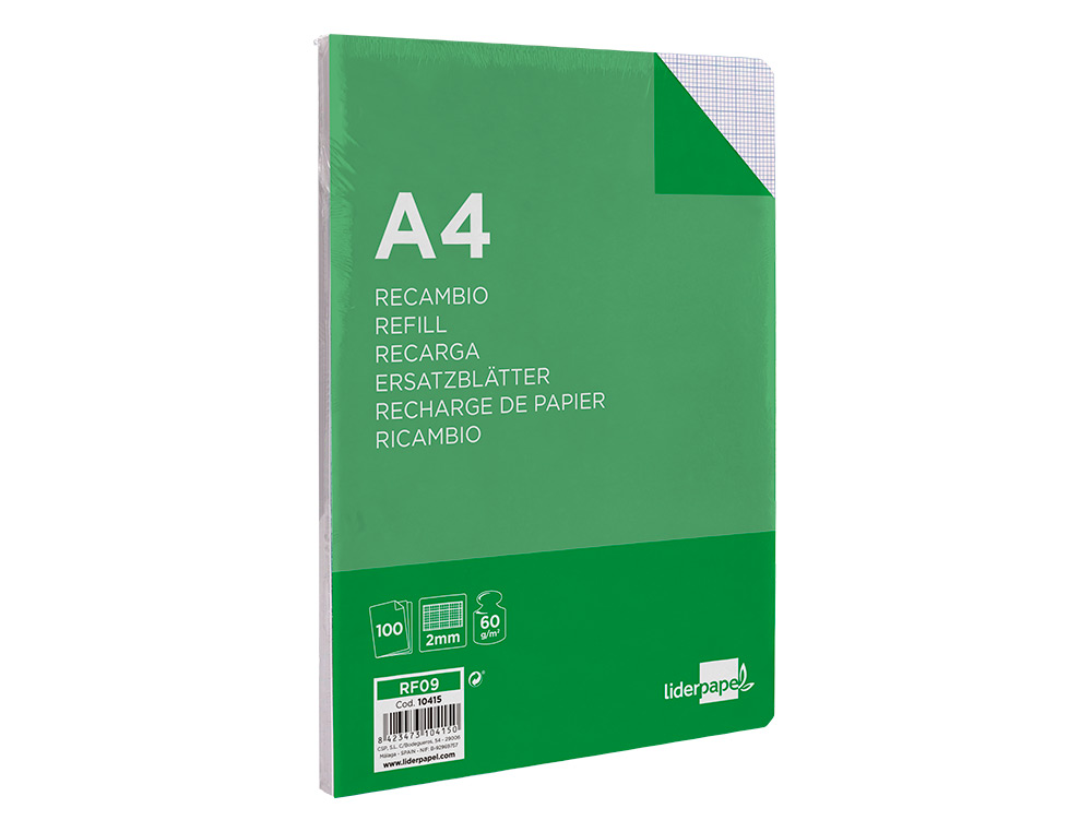 RECAMBIO LIDERPAPEL A4 100 HOJAS 60GR MILIMETRADO SIN MARGEN 4 TALADROS