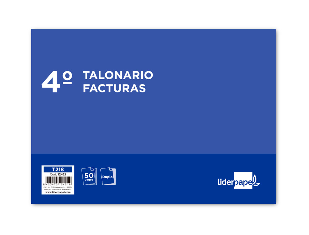 TALONARIO LIDERPAPEL FACTURAS CUARTO ORIGINAL Y COPIA T218 APAISADO CON I.V.A.