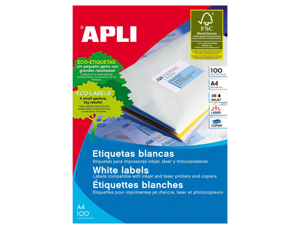 ETIQUETA ADHESIVA APLI 2423 TAMAO 199,6X144,5 MM FOTOCOPIADORA LASER INK-JET CAJA CON 100 HOJAS DIN A4