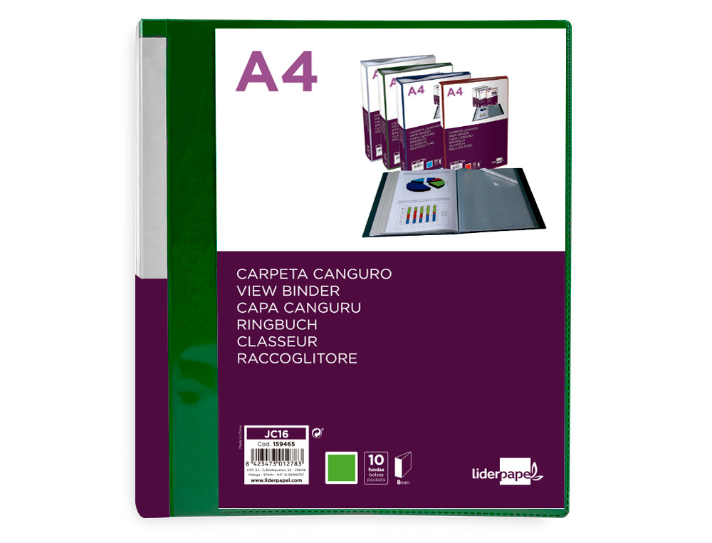 CARPETA LIDERPAPEL 10 FUNDAS CANGURO PP DIN A4 VERDE TRANSLUCIDO PORTADA Y LOMO PERSONALIZABLE