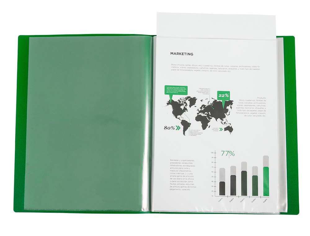 CARPETA LIDERPAPEL 10 FUNDAS CANGURO PP DIN A4 VERDE TRANSLUCIDO PORTADA Y LOMO PERSONALIZABLE