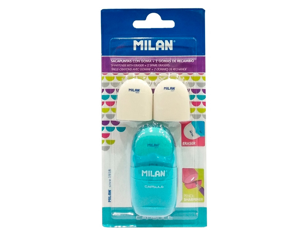 SACAPUNTAS MILAN CAPSULE PLASTICO 1 USO CON GOMA + 2 RECAMBIOS DE GOMA EN BLISTER