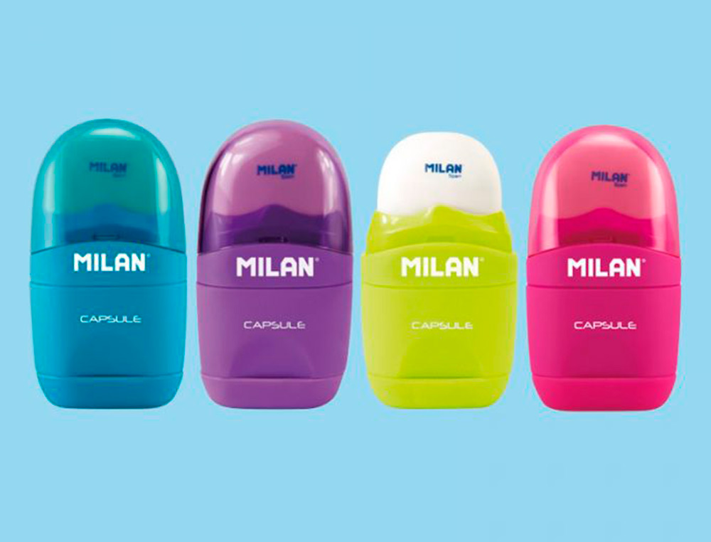 SACAPUNTAS MILAN CAPSULE PLASTICO 1 USO CON GOMA + 2 RECAMBIOS DE GOMA EN BLISTER