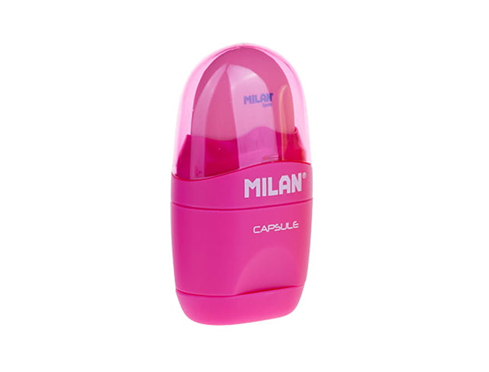 SACAPUNTAS MILAN CAPSULE PLASTICO 1 USO CON GOMA + 2 RECAMBIOS DE GOMA EN BLISTER