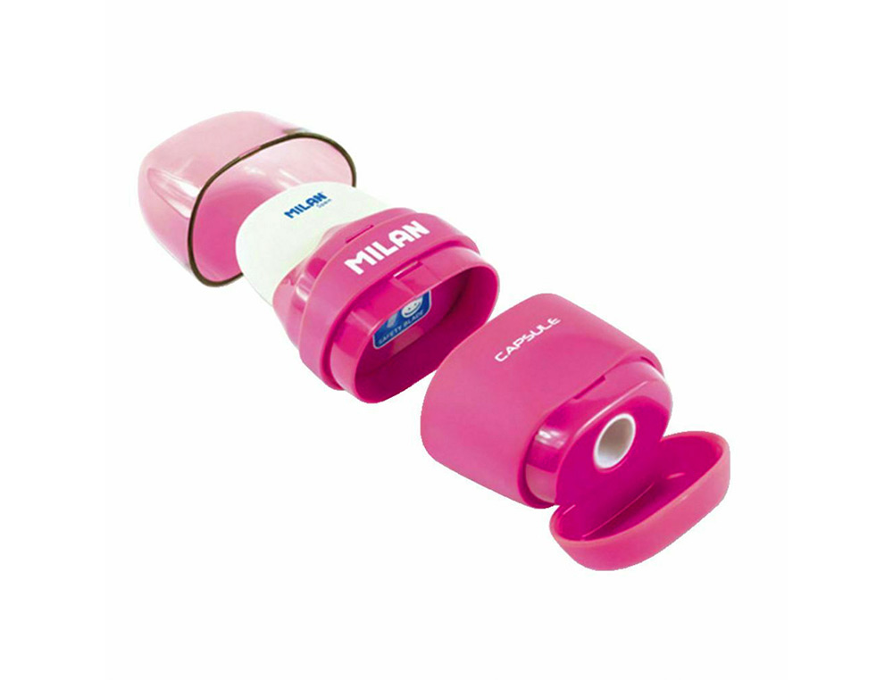 SACAPUNTAS MILAN CAPSULE PLASTICO 1 USO CON GOMA + 2 RECAMBIOS DE GOMA EN BLISTER