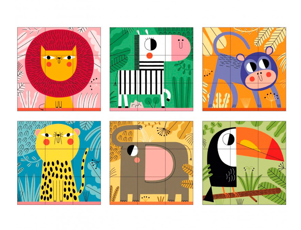 PUZLE GOULA CUBOS DE CARTON ANIMALES SELVA 6 ESCENAS DIFERENTES 9 PIEZAS