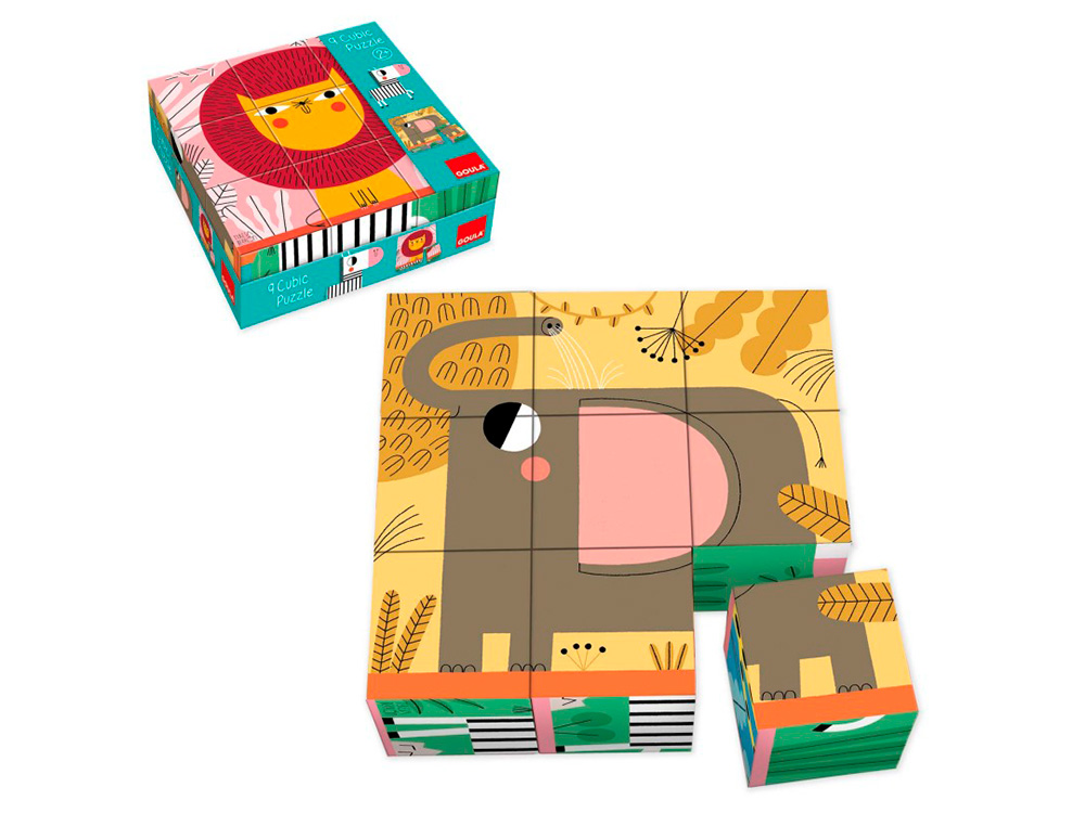PUZLE GOULA CUBOS DE CARTON ANIMALES SELVA 6 ESCENAS DIFERENTES 9 PIEZAS