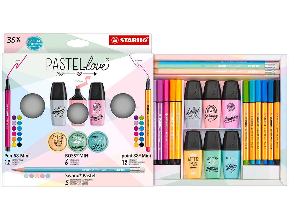 SET STABILO PASTEL LOVE MINI WORLD PEN 68 / POINT 88 / BOSS / SWANO 35 UNIDADES SURTIDAS