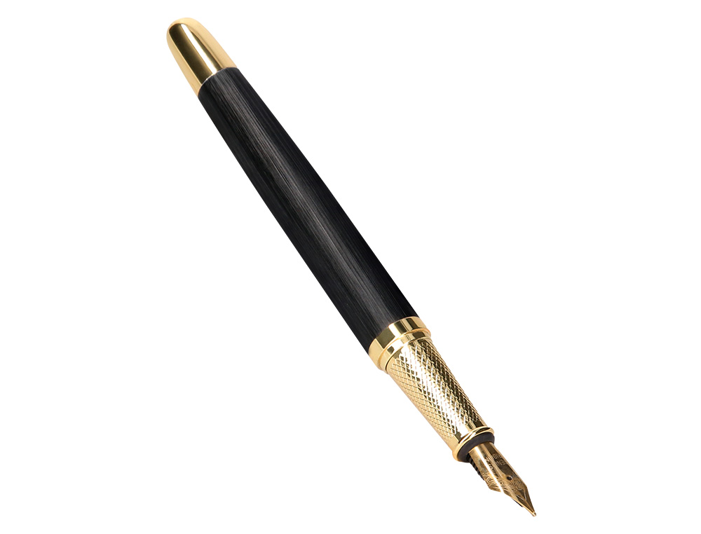 PLUMA BELIUS PASSION DOR ALUMINIO TEXTURA CEPILLADA COLOR NEGRO Y DORADO TINTA AZUL CAJA DE DISEO
