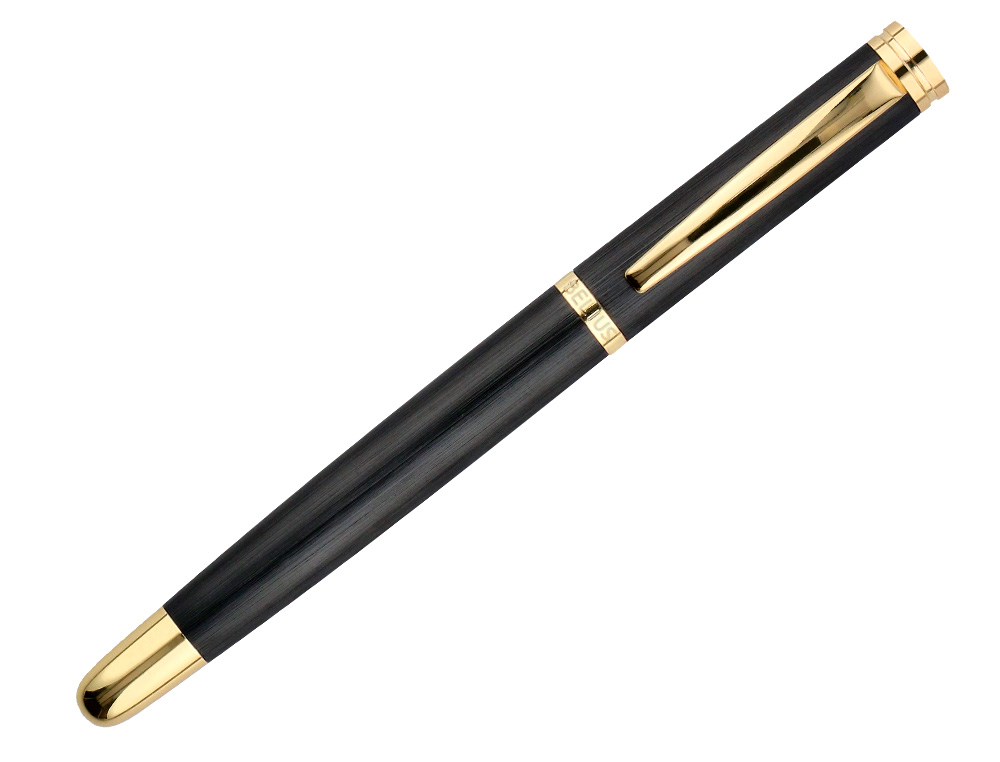 PLUMA BELIUS PASSION DOR ALUMINIO TEXTURA CEPILLADA COLOR NEGRO Y DORADO TINTA AZUL CAJA DE DISEO