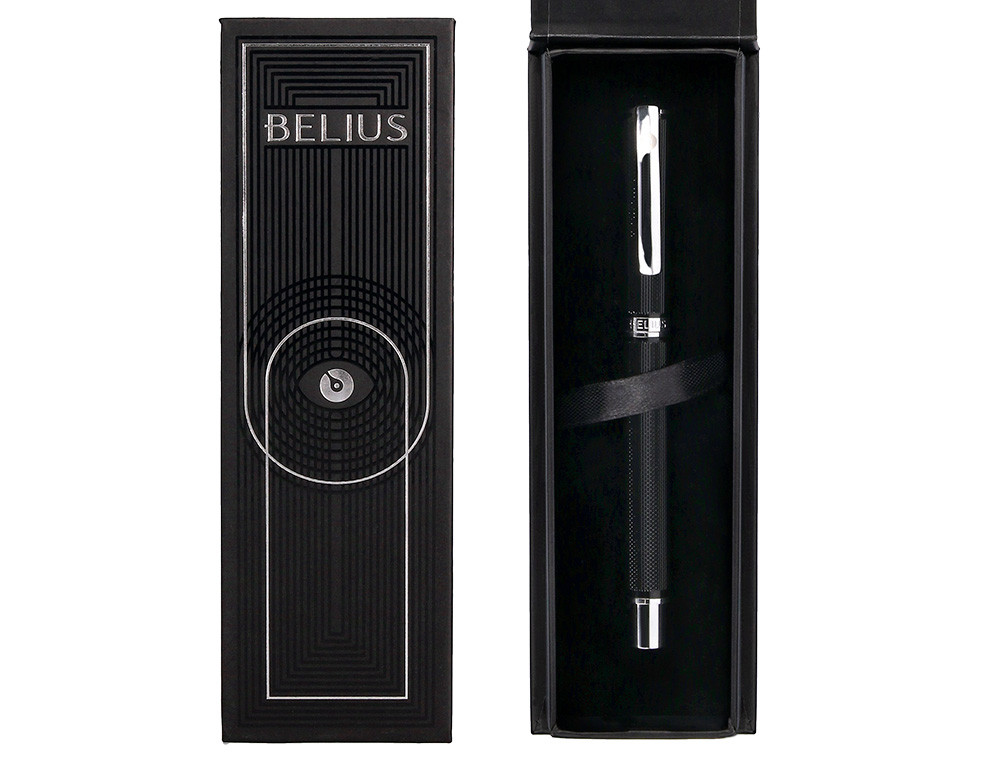 BOLIGRAFO BELIUS TURBO ALUMINIO TEXTURA PUNTEADA COLOR NEGRO Y PLATEADO TINTA AZUL CAJA DE DISEO