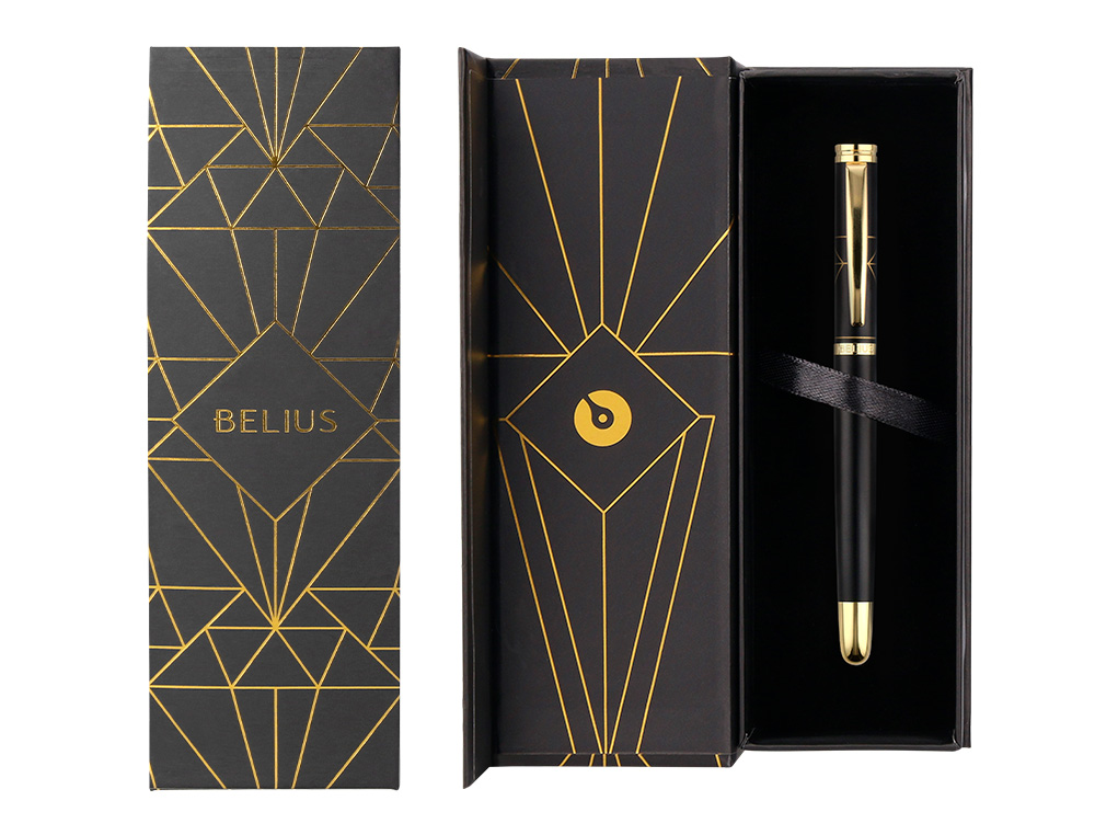 BOLIGRAFO BELIUS SOIREE ALUMINIO COLOR ART DECO NEGRO Y DORADO TINTA AZUL CAJA DE DISEO
