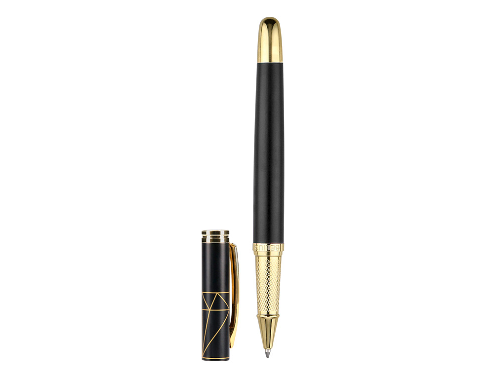 BOLIGRAFO BELIUS SOIREE ALUMINIO COLOR ART DECO NEGRO Y DORADO TINTA AZUL CAJA DE DISEO