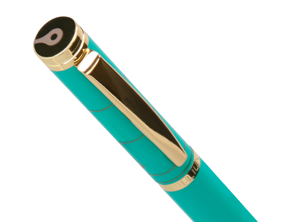 BOLIGRAFO Y ESTUCHE BELIUS SOIREE COLOR ART DECO TURQUESA Y DORADO TINTA AZUL CAJA DE DISEO